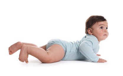Photo of Portrait of cute little baby on white background