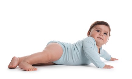 Photo of Portrait of cute little baby on white background