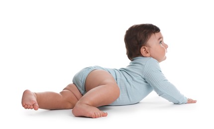 Photo of Cute little baby lying on white background