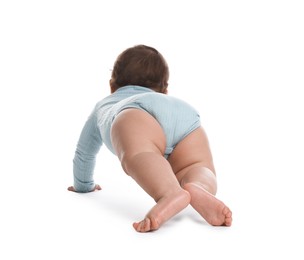 Photo of Cute little baby crawling on white background, back view