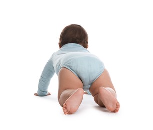Photo of Cute little baby crawling on white background, back view