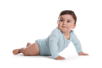 Photo of Portrait of cute little baby on white background