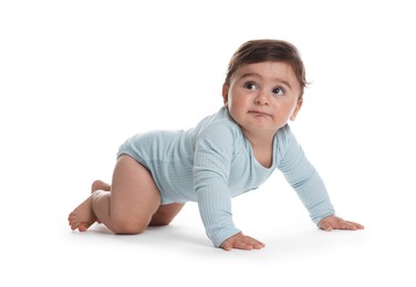 Photo of Portrait of cute little baby on white background