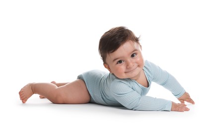 Photo of Portrait of cute little baby on white background