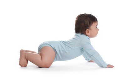 Photo of Cute little baby crawling on white background
