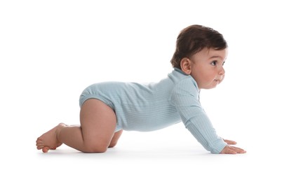 Photo of Cute little baby crawling on white background