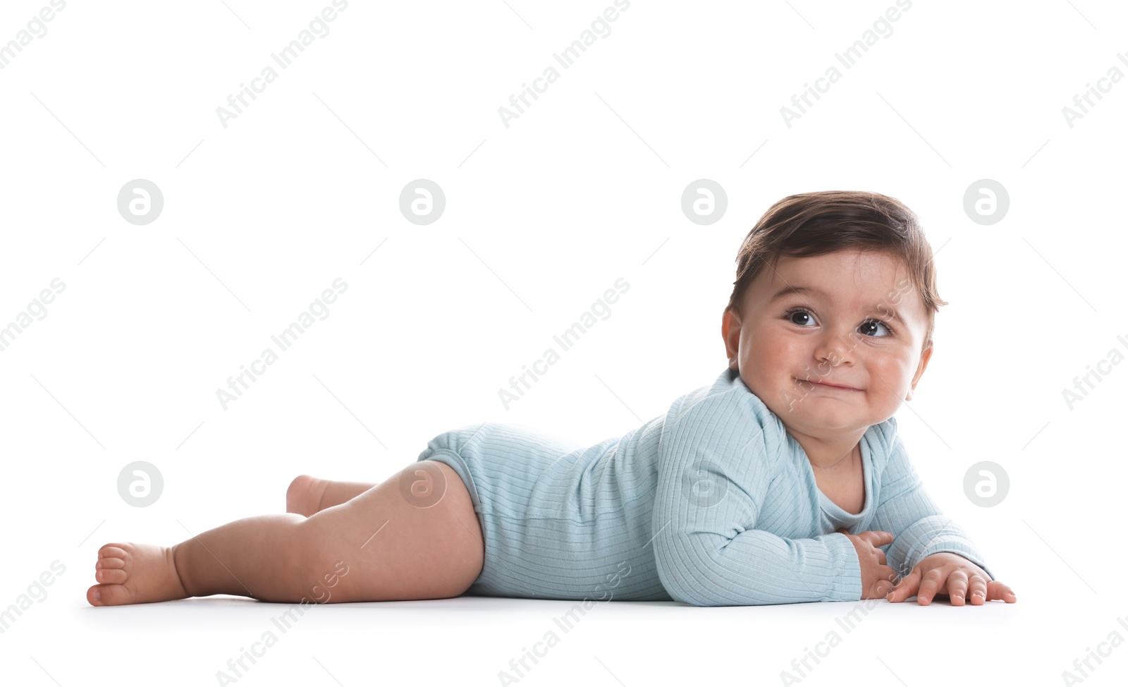 Photo of Portrait of cute little baby on white background