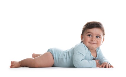 Photo of Portrait of cute little baby on white background