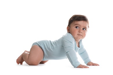 Photo of Portrait of cute little baby on white background