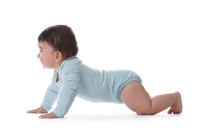 Photo of Cute little baby crawling on white background