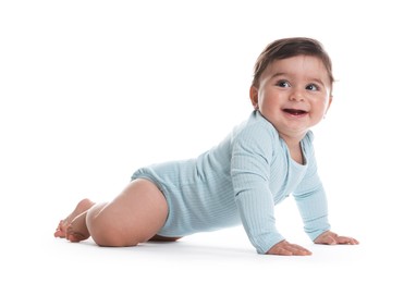Photo of Portrait of cute little baby on white background