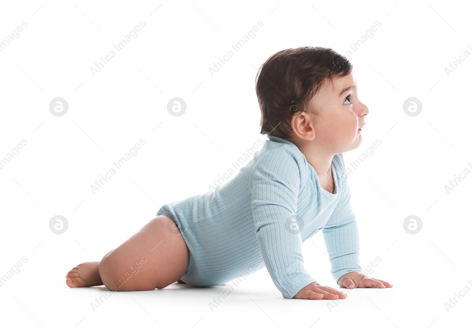 Cute little baby crawling on white background Photo of Cute little baby crawling on white background