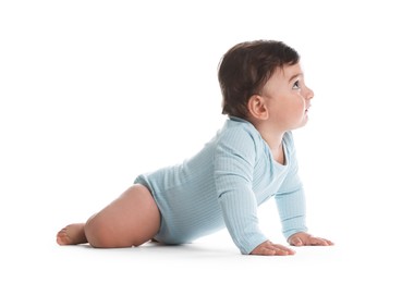 Photo of Cute little baby crawling on white background