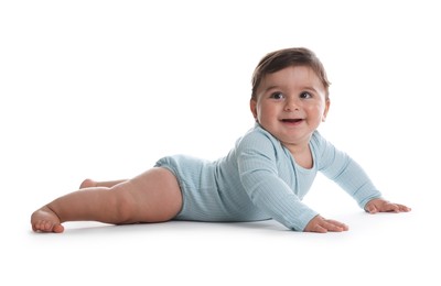 Photo of Portrait of cute little baby on white background