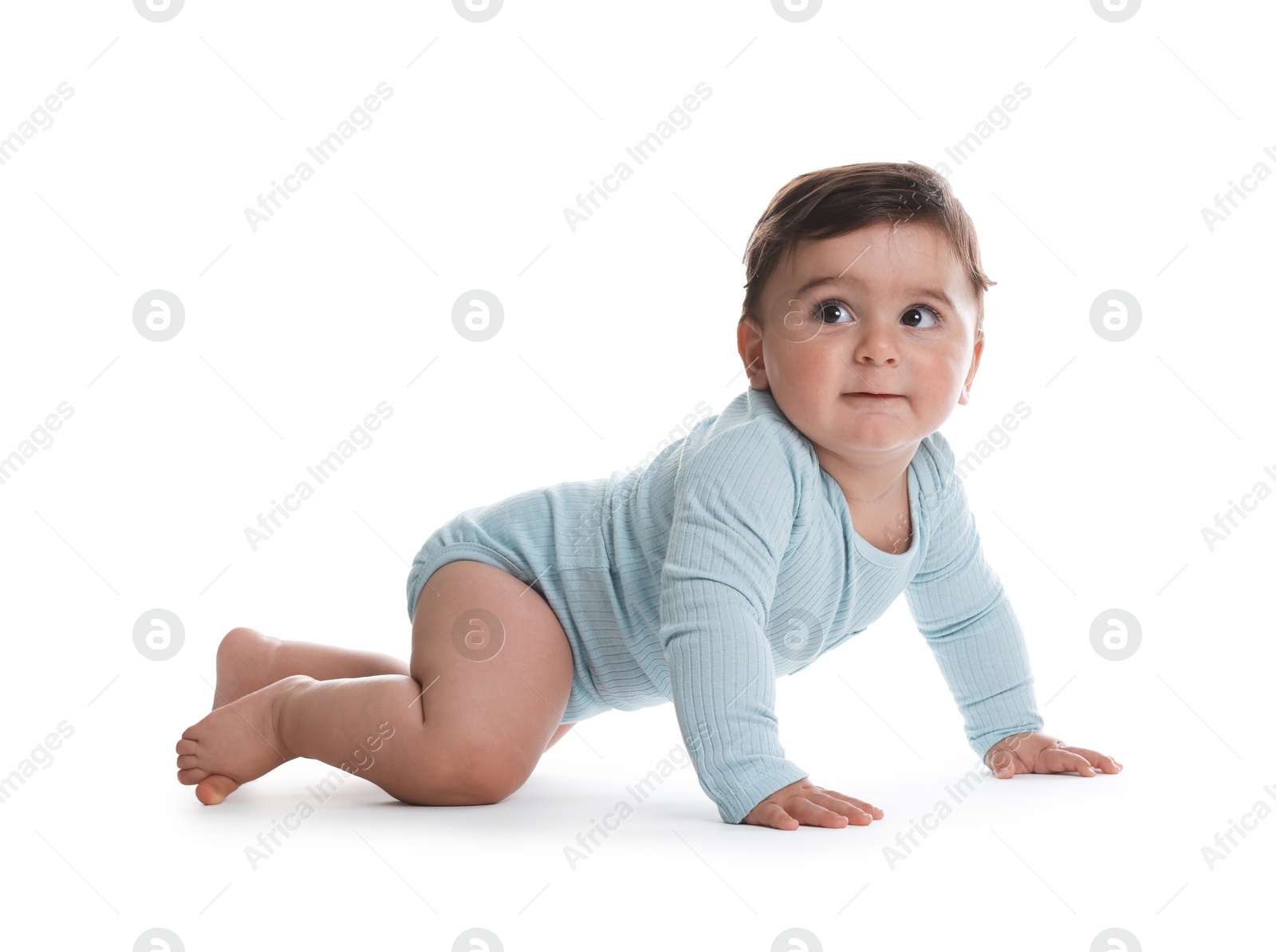 Photo of Portrait of cute little baby on white background