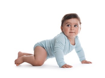 Photo of Portrait of cute little baby on white background