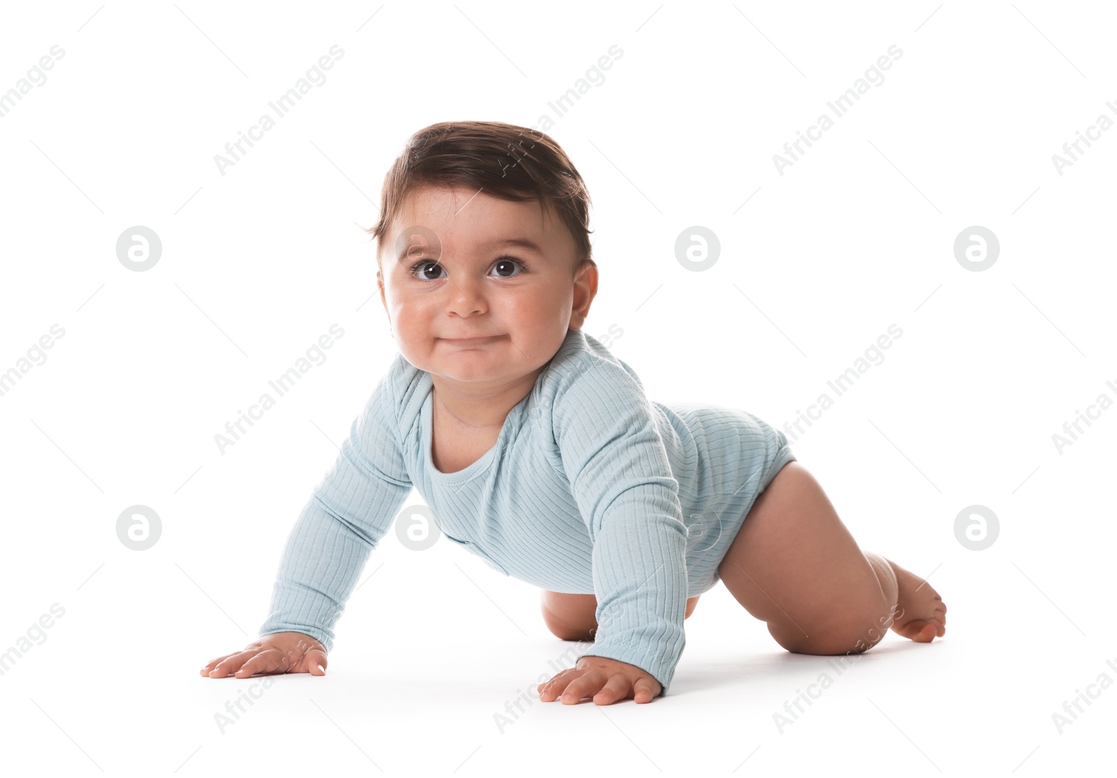 Photo of Portrait of cute little baby on white background