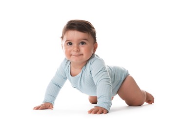 Photo of Portrait of cute little baby on white background
