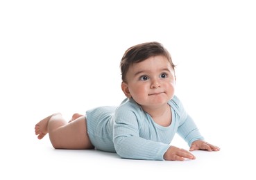 Photo of Portrait of cute little baby on white background