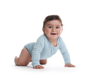 Photo of Portrait of cute little baby on white background