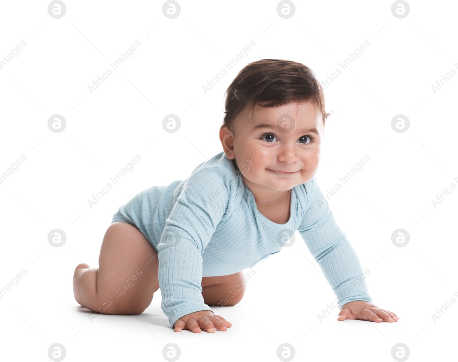 Photo of Portrait of cute little baby on white background