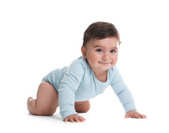 Photo of Portrait of cute little baby on white background