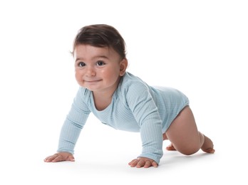 Photo of Portrait of cute little baby on white background