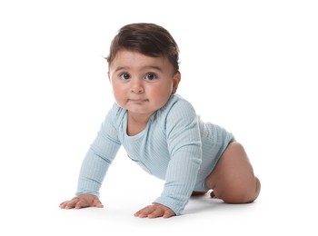 Photo of Portrait of cute little baby on white background