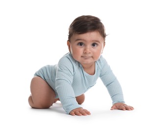Photo of Portrait of cute little baby on white background
