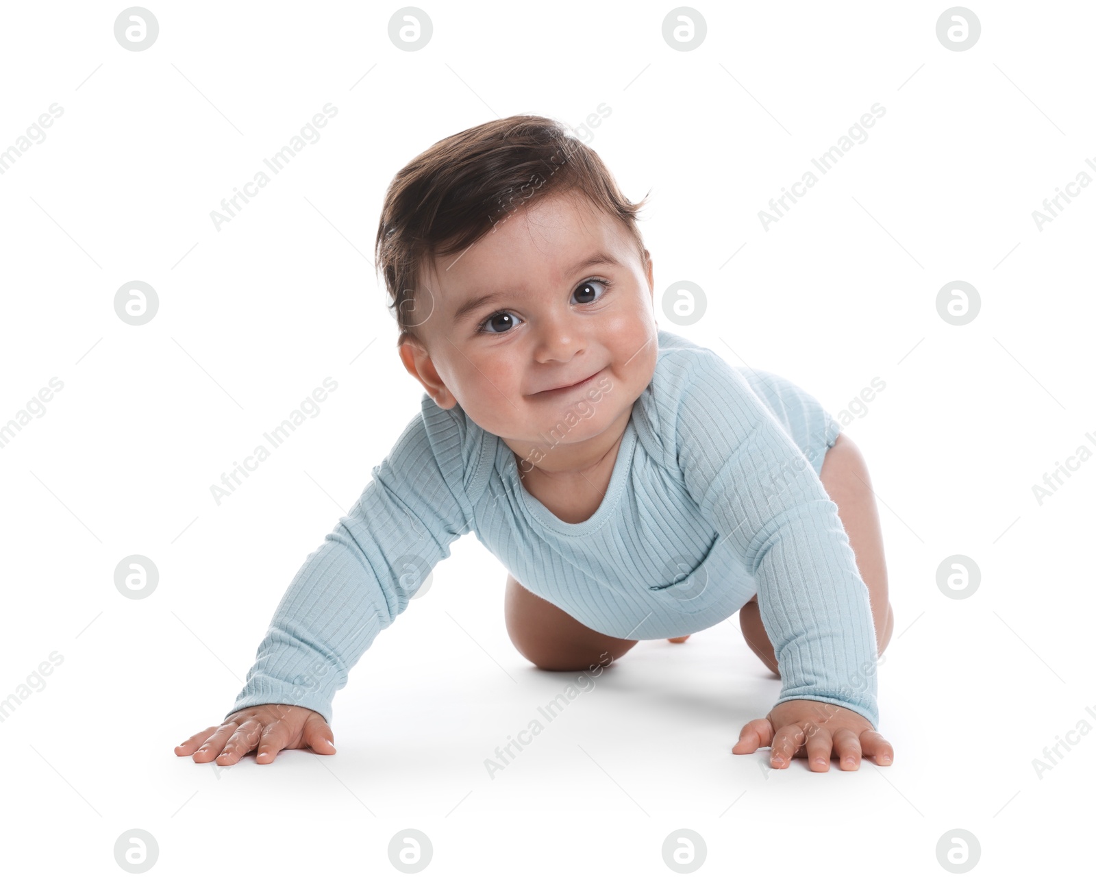 Photo of Portrait of cute little baby on white background