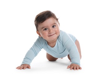 Photo of Portrait of cute little baby on white background