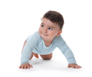 Photo of Portrait of cute little baby on white background