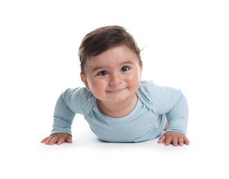 Photo of Portrait of cute little baby on white background