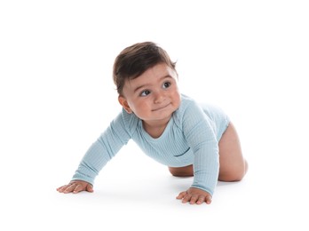 Photo of Portrait of cute little baby on white background