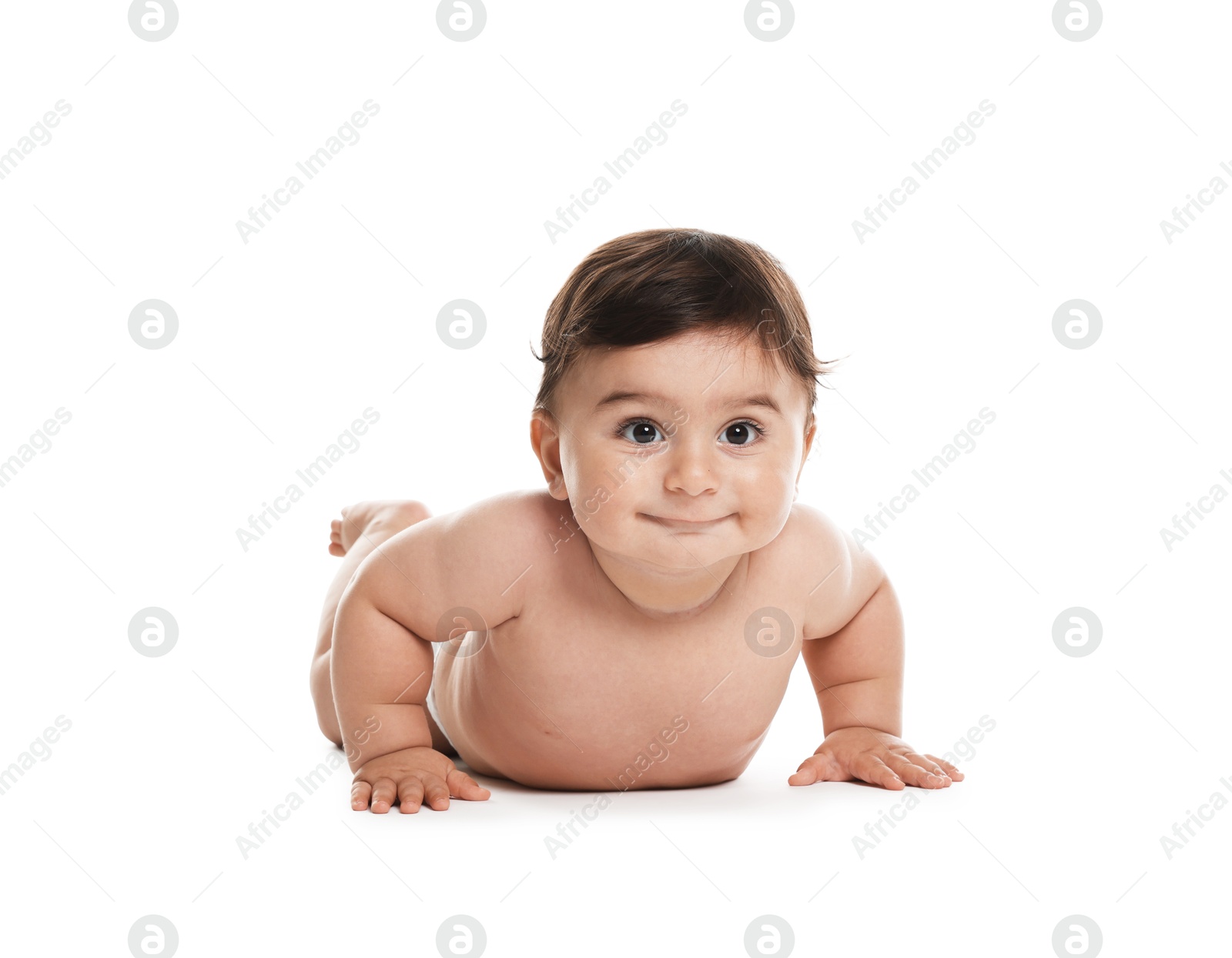 Photo of Cute little baby in diaper on white background