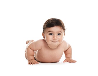 Photo of Cute little baby in diaper on white background