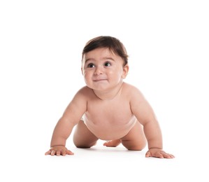 Photo of Cute little baby in diaper on white background