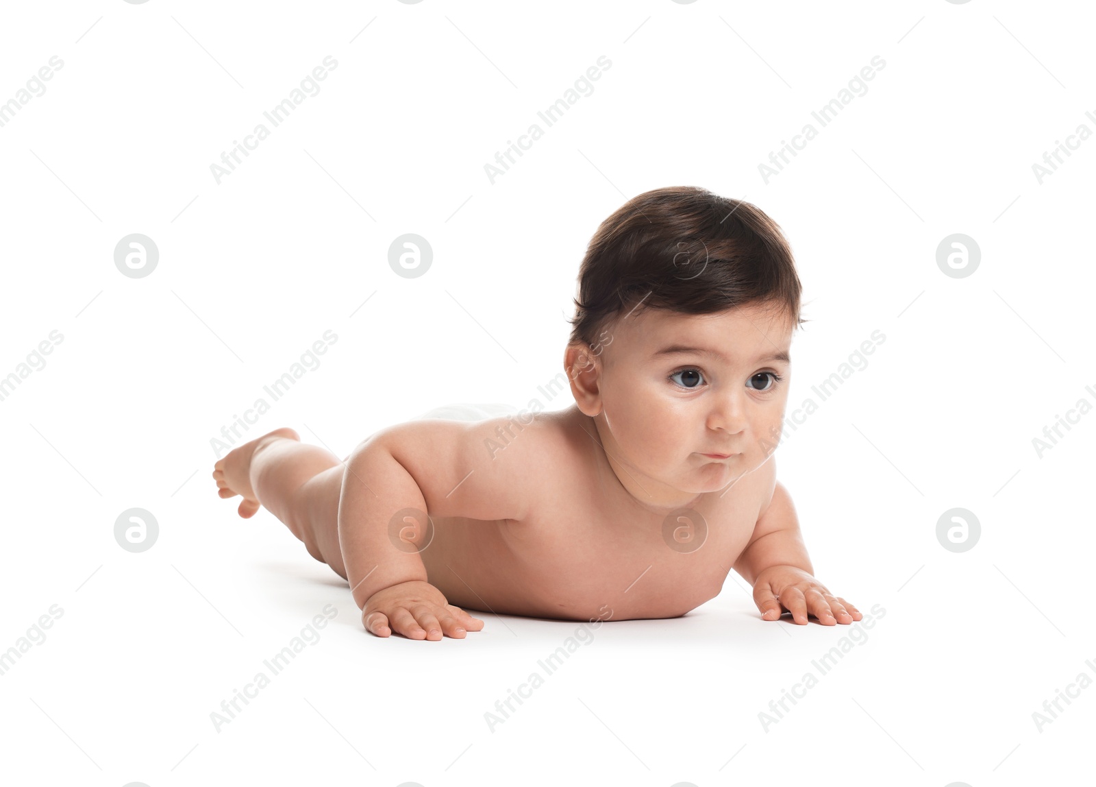 Photo of Cute little baby in diaper on white background