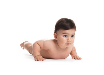 Photo of Cute little baby in diaper on white background