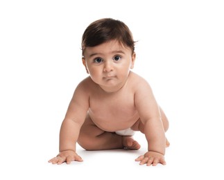 Photo of Cute little baby in diaper on white background