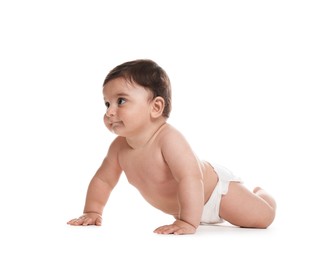 Photo of Cute little baby in diaper on white background