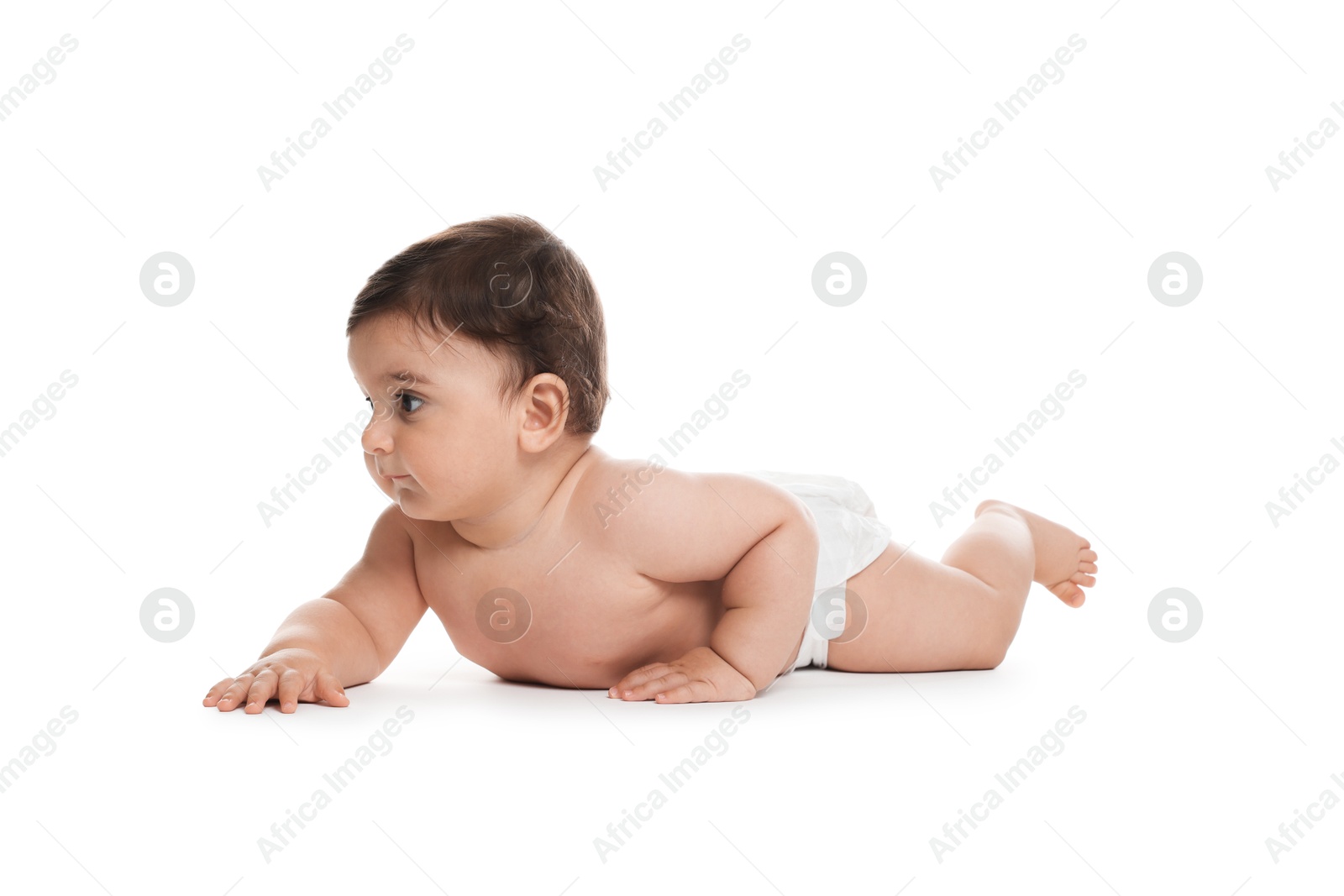 Photo of Cute little baby in diaper on white background