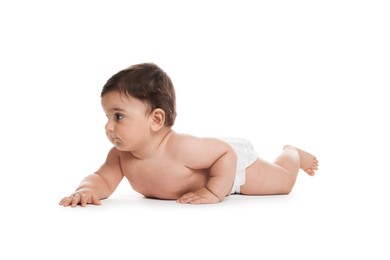 Photo of Cute little baby in diaper on white background