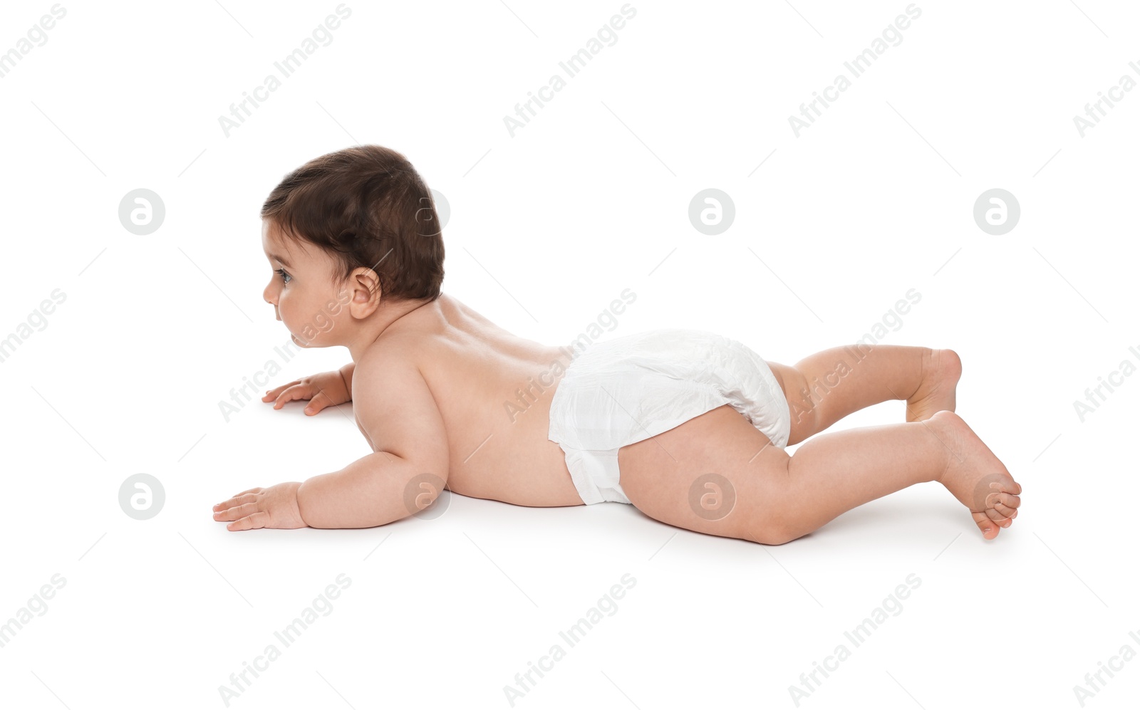 Cute little baby in diaper on white background Photo of Cute little baby in diaper on white background