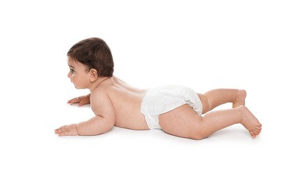 Photo of Cute little baby in diaper on white background