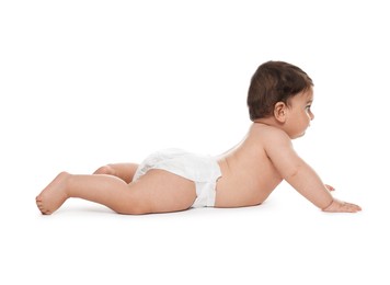Photo of Cute little baby in diaper on white background