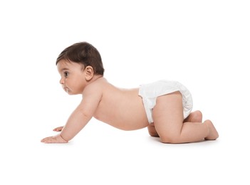 Photo of Cute little baby in diaper on white background