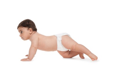 Photo of Cute little baby in diaper on white background