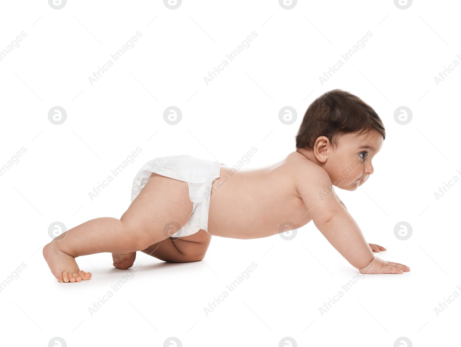 Photo of Cute little baby in diaper on white background