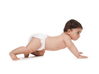 Photo of Cute little baby in diaper on white background